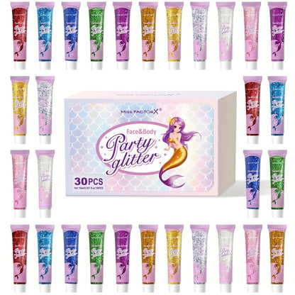 Face Body Glitter Gel Set 30 Pieces – Colorful Shapes Mermaid Sequin Stars Hearts, Transparent Gel Base, Skin-Safe Shimmer Makeup