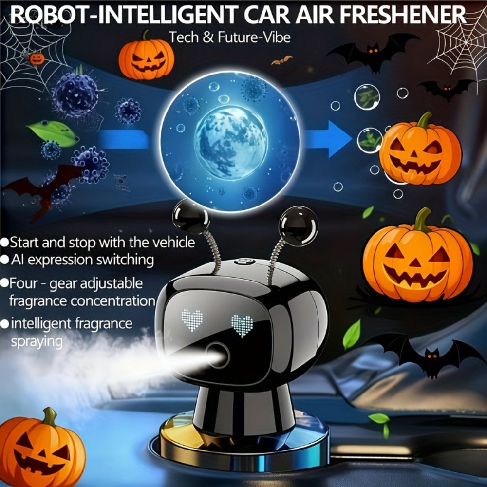 Robot Car Air Freshener USB Rechargeable – AI Expression Display, Auto Spray Synced to Car Start/Stop, 4-Level Fragrance Intensity Control