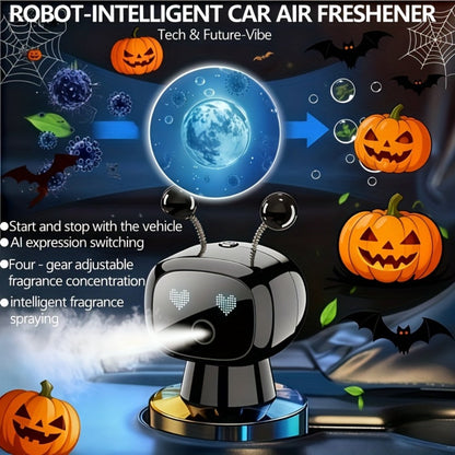 Robot Car Air Freshener USB Rechargeable – AI Expression Display, Auto Spray Synced to Car Start/Stop, 4-Level Fragrance Intensity Control