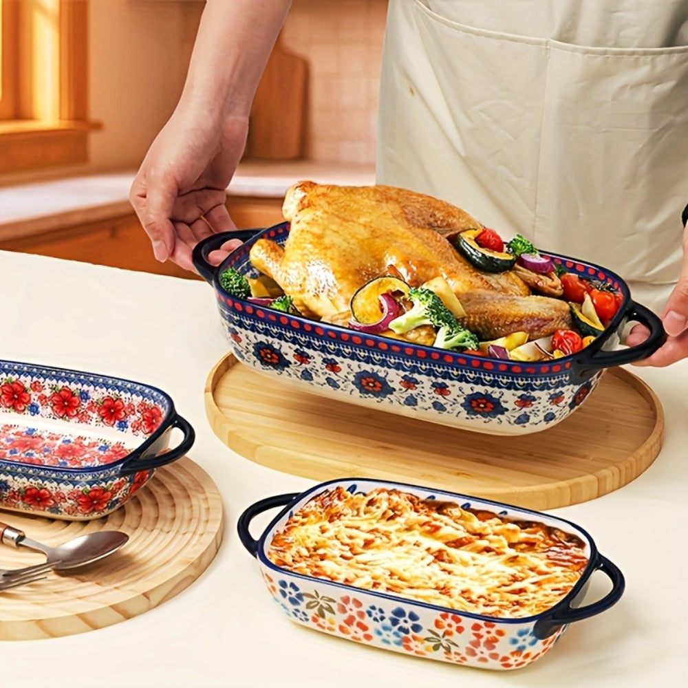 Ceramic Baking Dish Set of 2 Large 13 Inch Rectangular Casserole Dish Porcelain Bohemian for Entryways, Bedrooms and Living Spaces