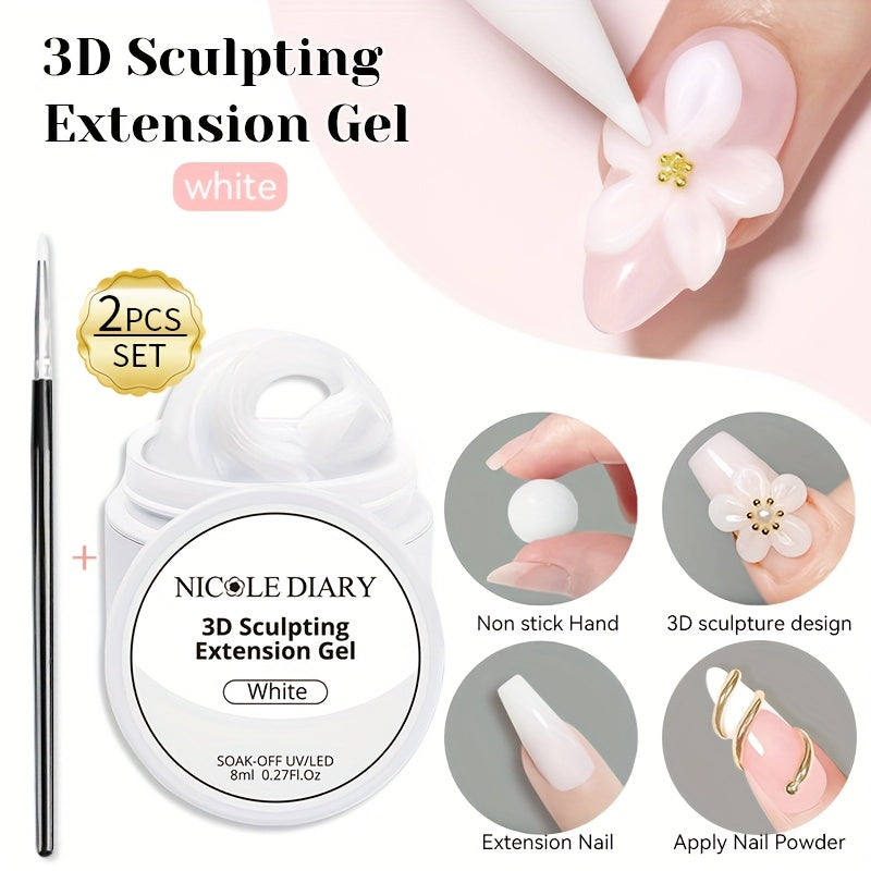 3D Sculpting Builder Gel Kit with Carving Pen – Clear & White Nail Extension Gel for Floral Nail Art, Acrylic Extensions & DIY Salon