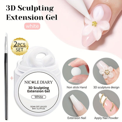 3D Sculpting Builder Gel Kit with Carving Pen – Clear & White Nail Extension Gel for Floral Nail Art, Acrylic Extensions & DIY Salon