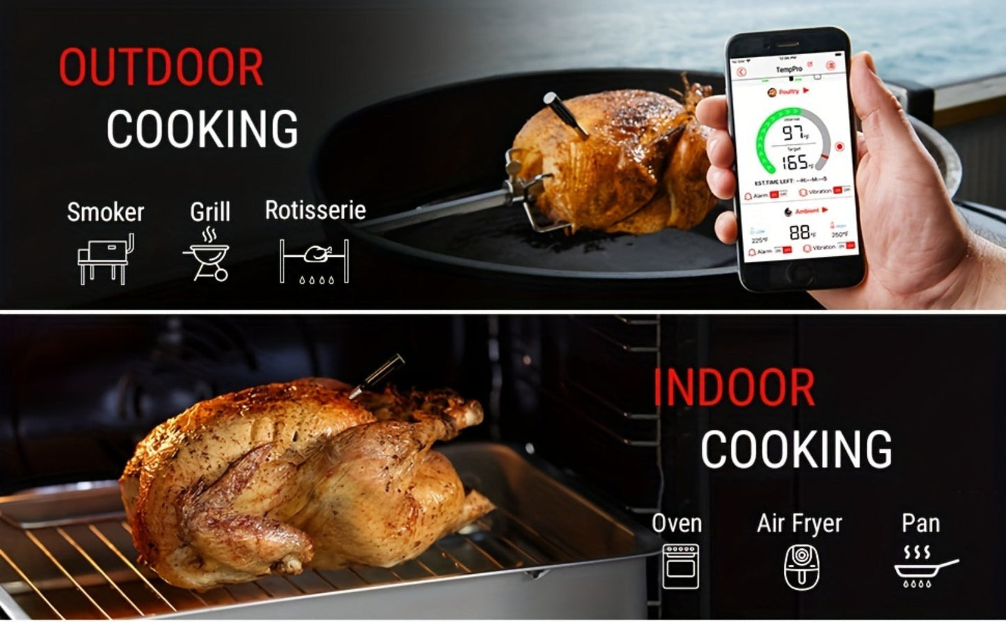 Wireless Meat Thermometer 500Ft Bluetooth, Dual Sensor Digital Food Thermometer for Oven, Grill, BBQ