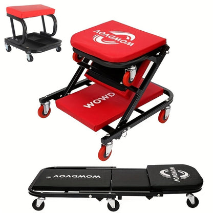 Mechanic Creeper 3-in-1 Z-Shape – 500 lb Capacity Foldable Garage Repair Stool, Lying Sitting Leaning Rolling Creeper with 6 Wheel Rollers