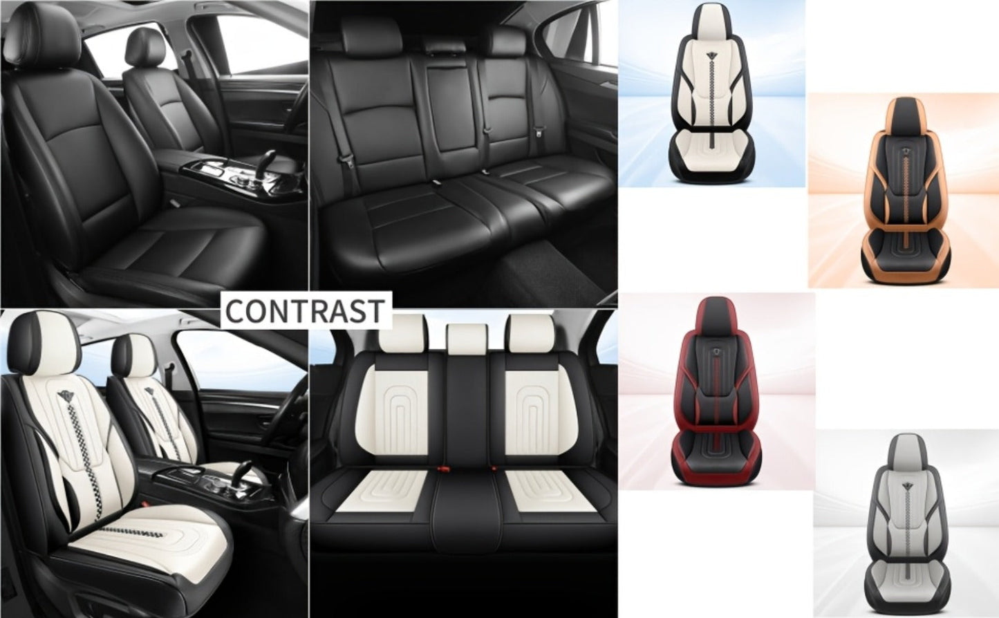 Contoured Front Car Seat Cushion Covers with Headrest Pads in Four Two-Tone Color Option Sets