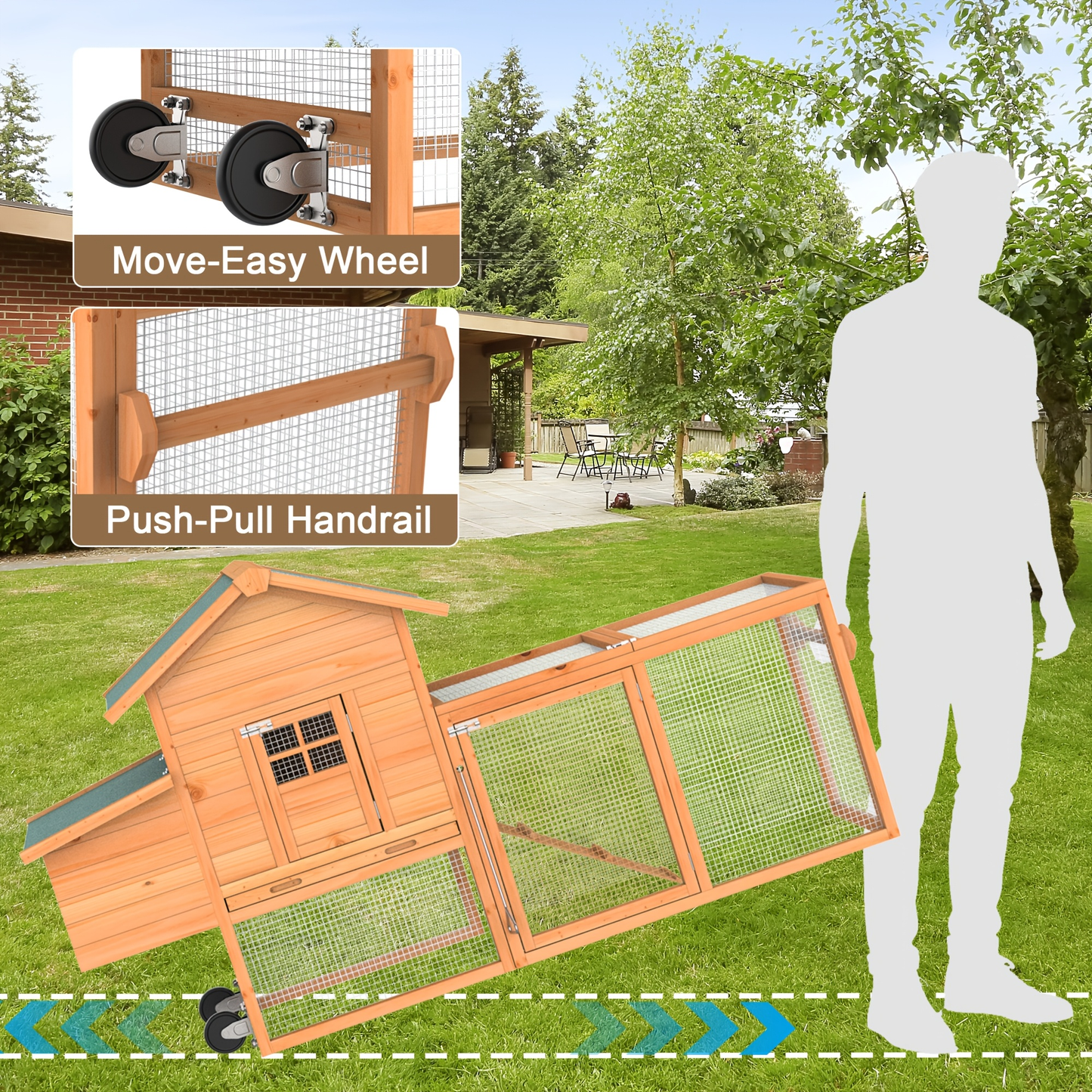 Portable Wooden Chicken Coop with Wheels, Nest Box and Wood Roof or Sunshine Board Run Option