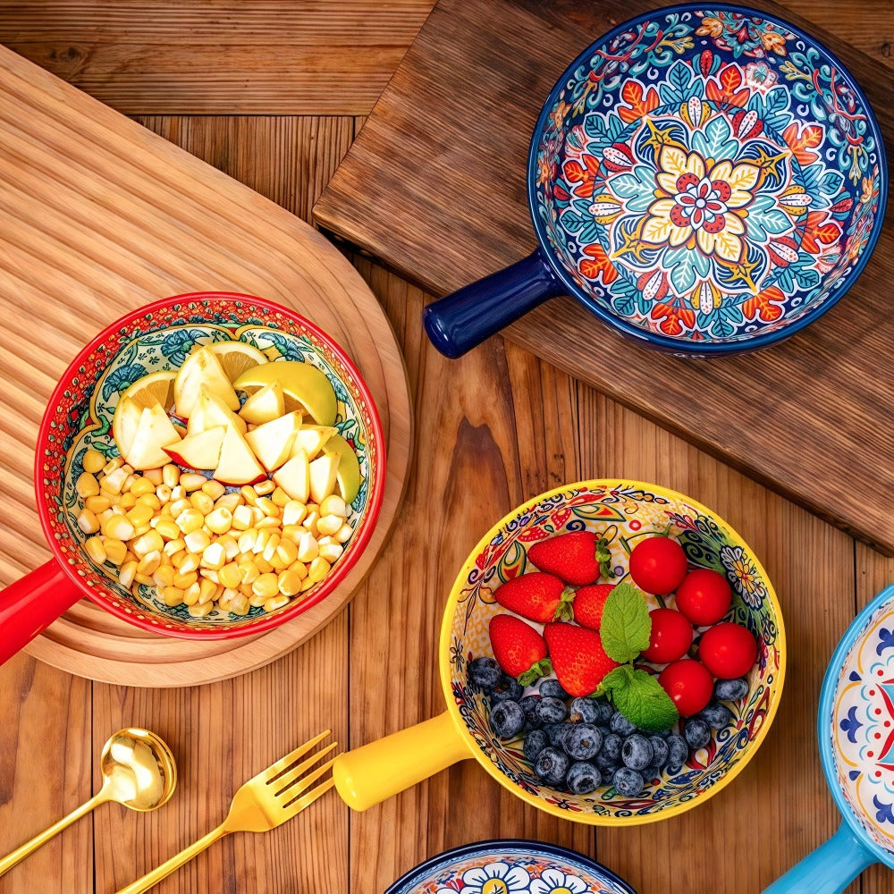Ceramic Salad Bowl Set of 4 Bohemian Style 8.7 Inch with Handles Microwave and Oven Safe Colorful Serving Bowls for Home Baking Table