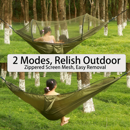 Double Camping Hammock with Zippered Mosquito Net, Sun Shade and Seven Color Checkouts for Outdoor Trips