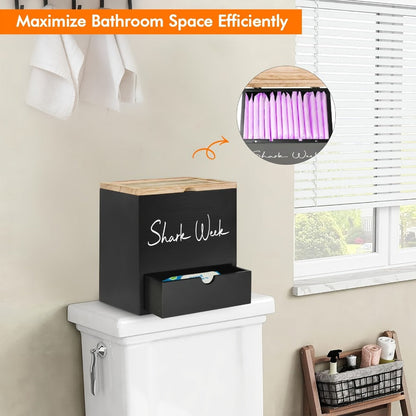 Tampon & Pad Organizer Box with Lid – Wooden Bathroom Storage Bin with Drawer, 3-Compartment Feminine Products Caddy