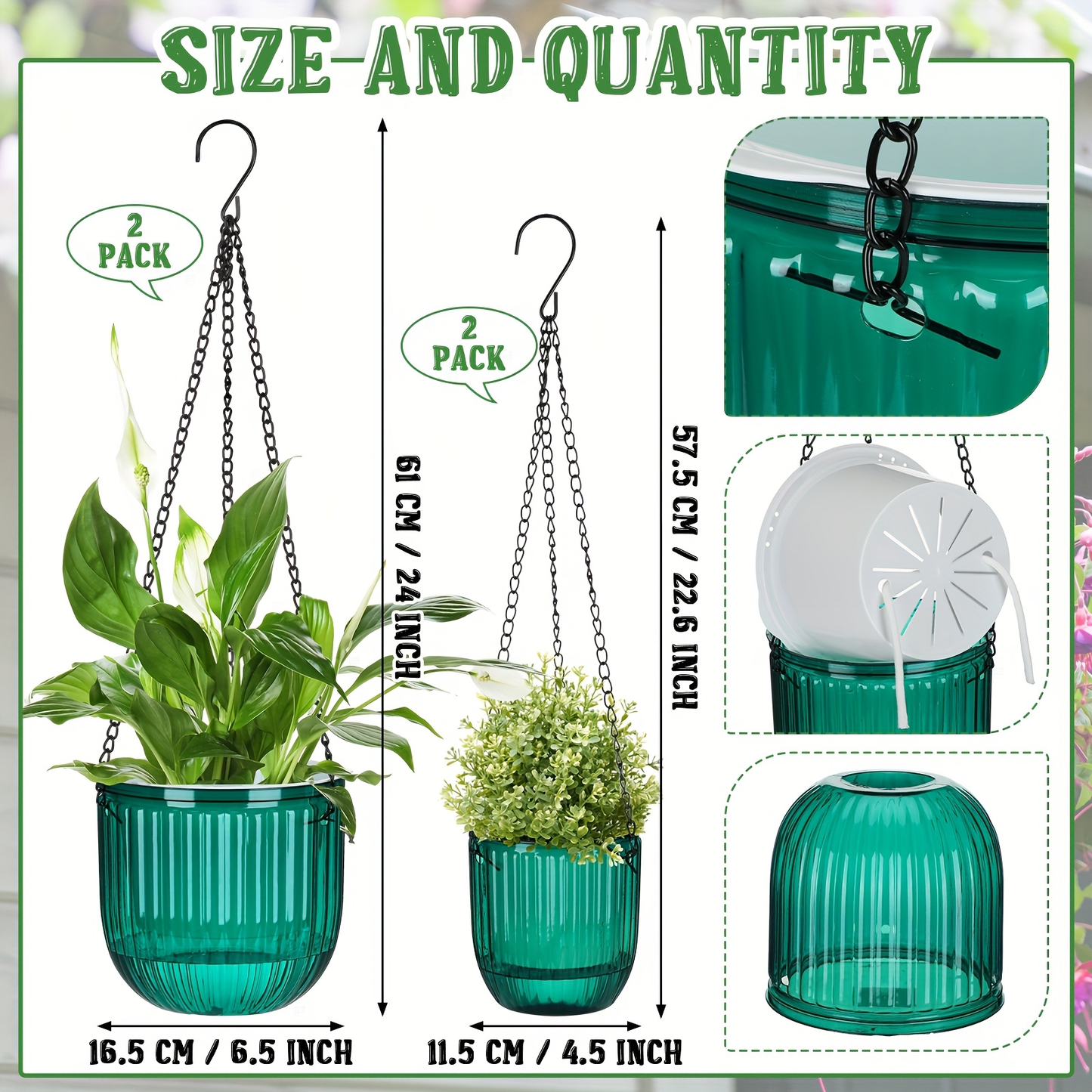 Self Watering Hanging Planters Set of 4 – 6.5" & 4.5" Hanging Flower Pots with 3 Hooks & Drainage Holes for Indoor Outdoor Home Garden