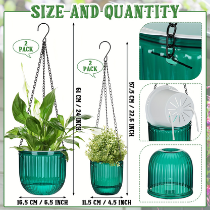 Self Watering Hanging Planters Set of 4 – 6.5" & 4.5" Hanging Flower Pots with 3 Hooks & Drainage Holes for Indoor Outdoor Home Garden