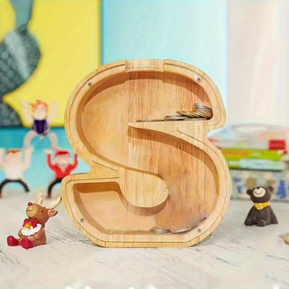 Personalized Wooden Piggy Bank for Kids – A-Z Alphabet Letter Initial Coin & Bill Savings Bank for Boys & Girls