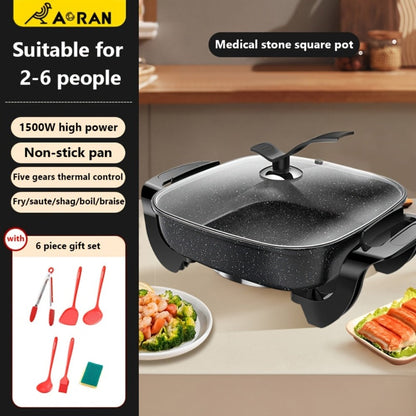 Electric Ceramic Non-Stick Pot 12x12 Inch 1500W Square Skillet with Glass Lid Adjustable for Home Cooking, Dining and Outdoor Meals