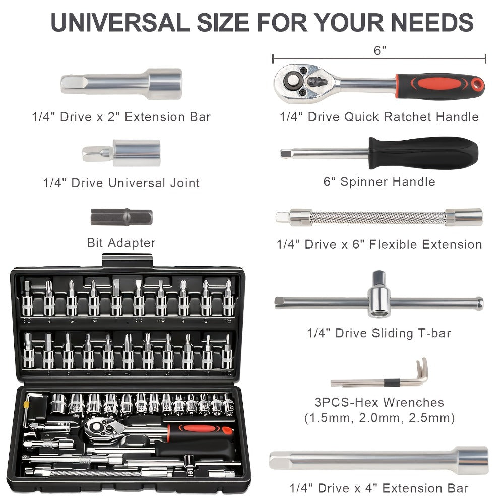 Torx Star Bit Socket Set 34/46-Piece – 3/8" Drive CR-V E-Socket E4-E20, T10-T60, Tamper-Proof TT10-TT55, S2 Steel, 5/16"F to 3/8"M Adapter