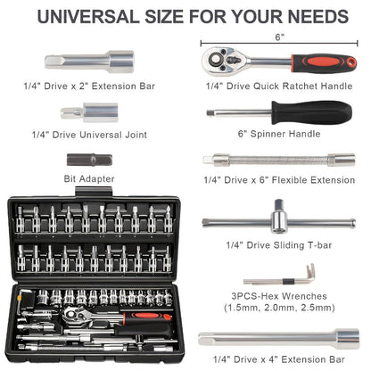 Torx Star Bit Socket Set 34/46-Piece – 3/8" Drive CR-V E-Socket E4-E20, T10-T60, Tamper-Proof TT10-TT55, S2 Steel, 5/16"F to 3/8"M Adapter
