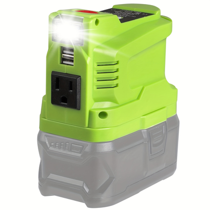 150W Power Inverter Adapter for RYOBI-Style 18V Battery Interface with AC Outlet, Dual USB and LED Light