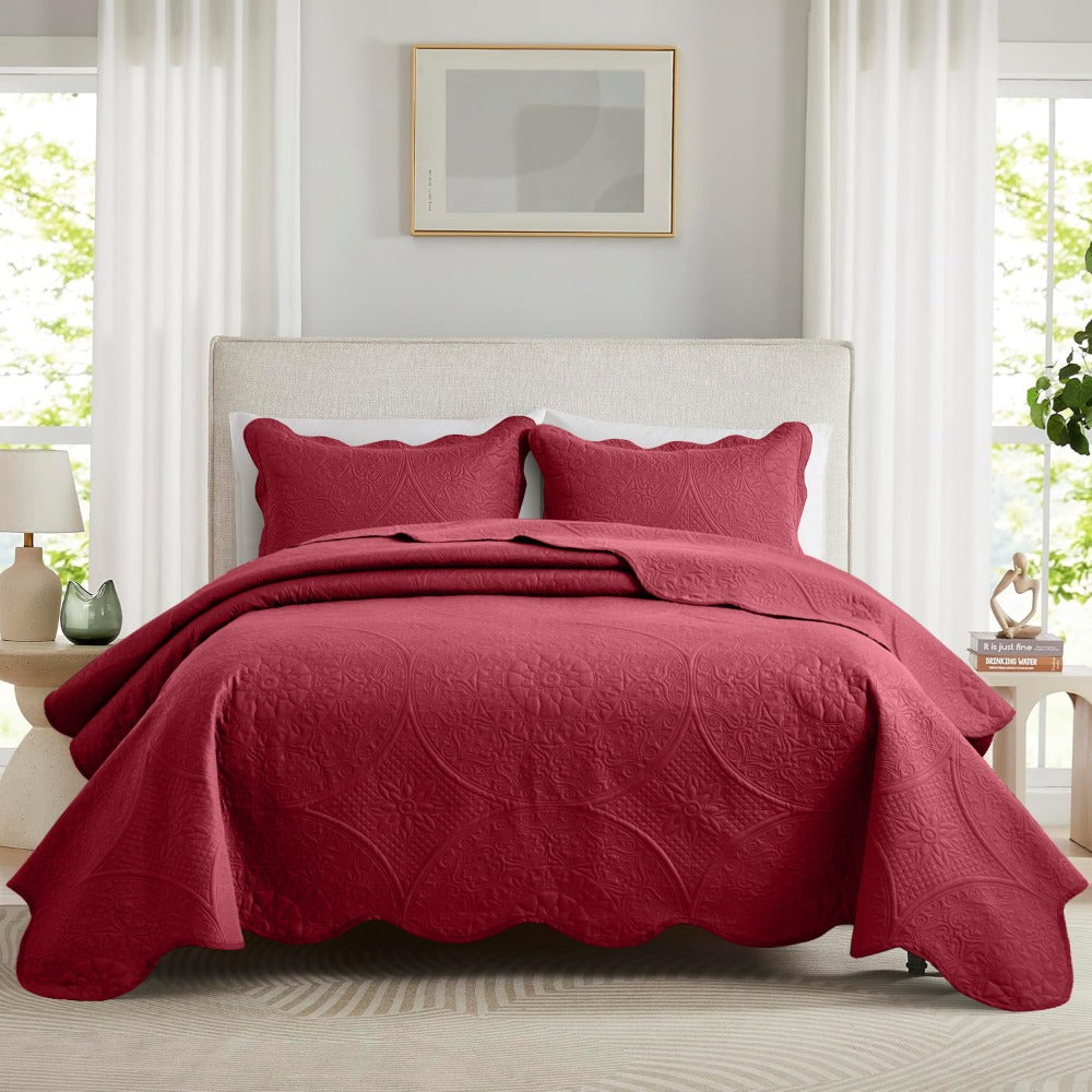 Floral-Pattern Three-Piece Bedspread Set in 16 Colors with Twin, Queen, King and California King Sizes