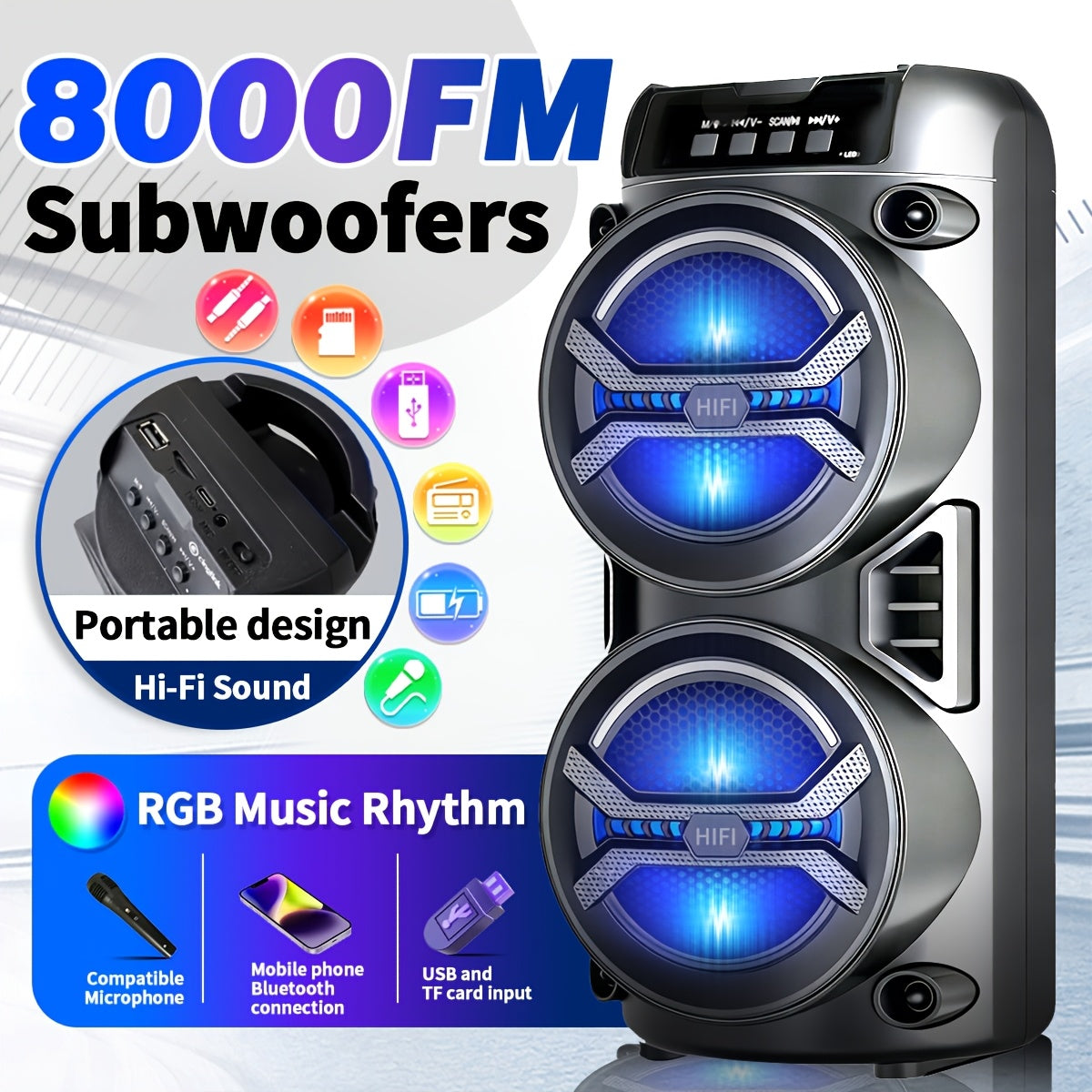 Portable Bluetooth Speaker 8000FM with Dual Illuminated Drivers, TWS, FM, USB, AUX and TF Playback