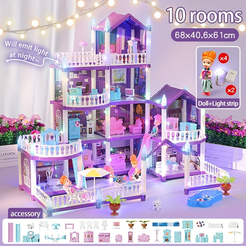 LED Dollhouse Playset for Girls, Purple Multi-Room Playhouse with Doll Figures, Puppies, Furniture & LED Lighting