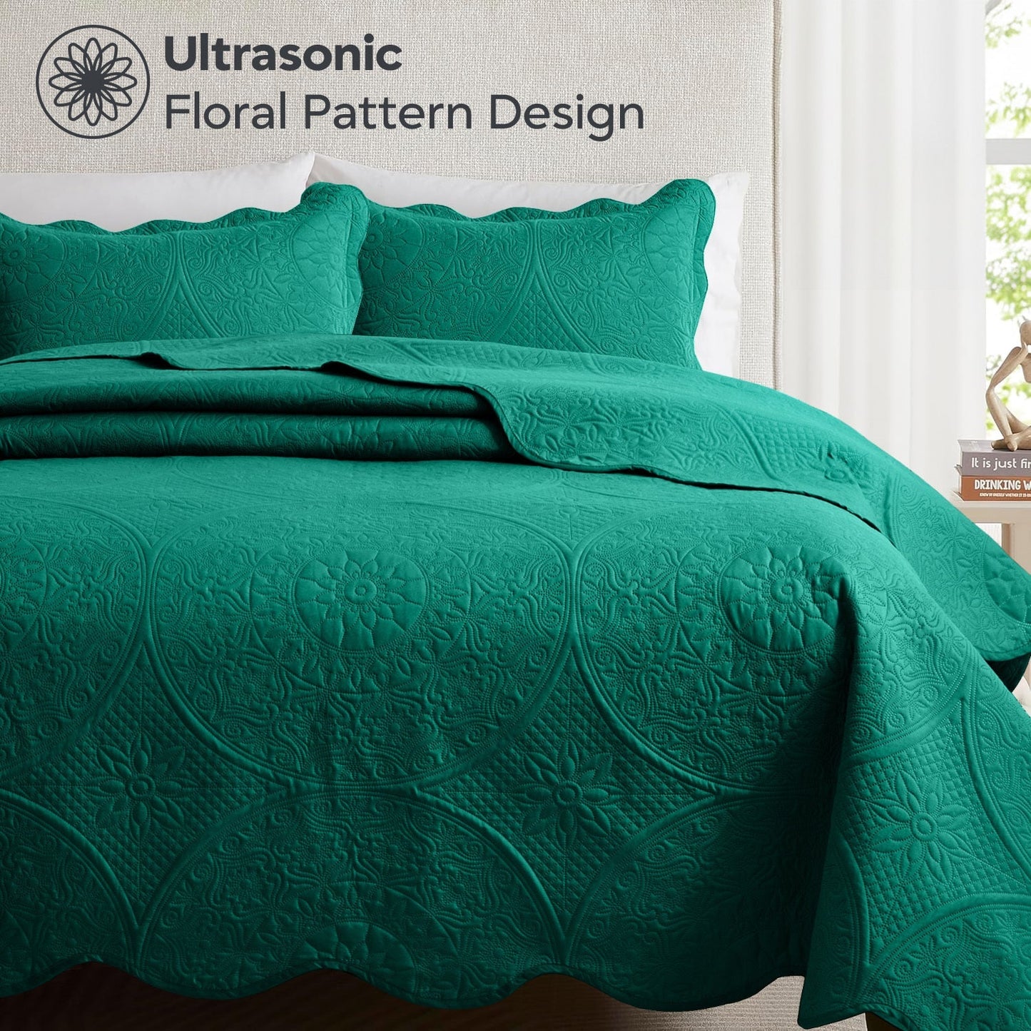 Floral-Pattern Three-Piece Bedspread Set in 16 Colors with Twin, Queen, King and California King Sizes