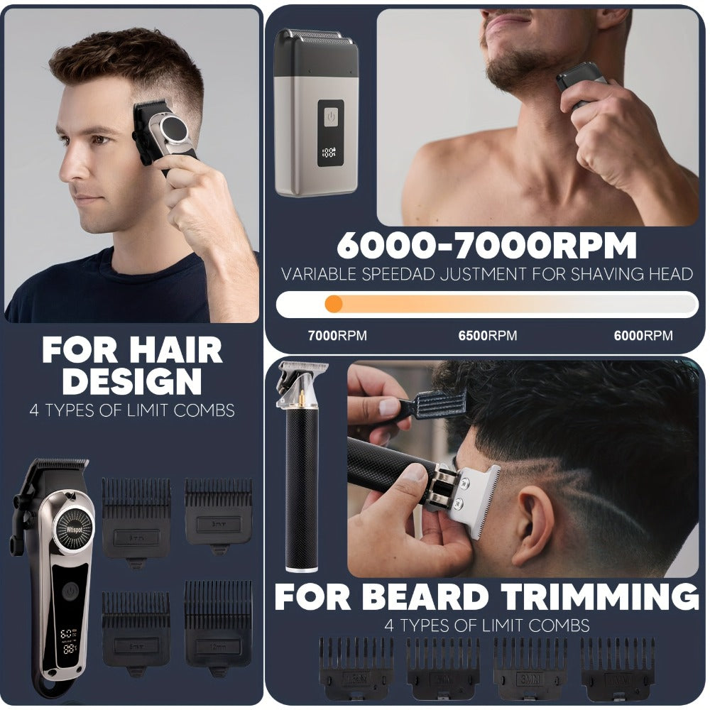 Hair Clipper Whistpot Single or Three-Piece Grooming Kit with USB Charging, Displays and Four Source Options