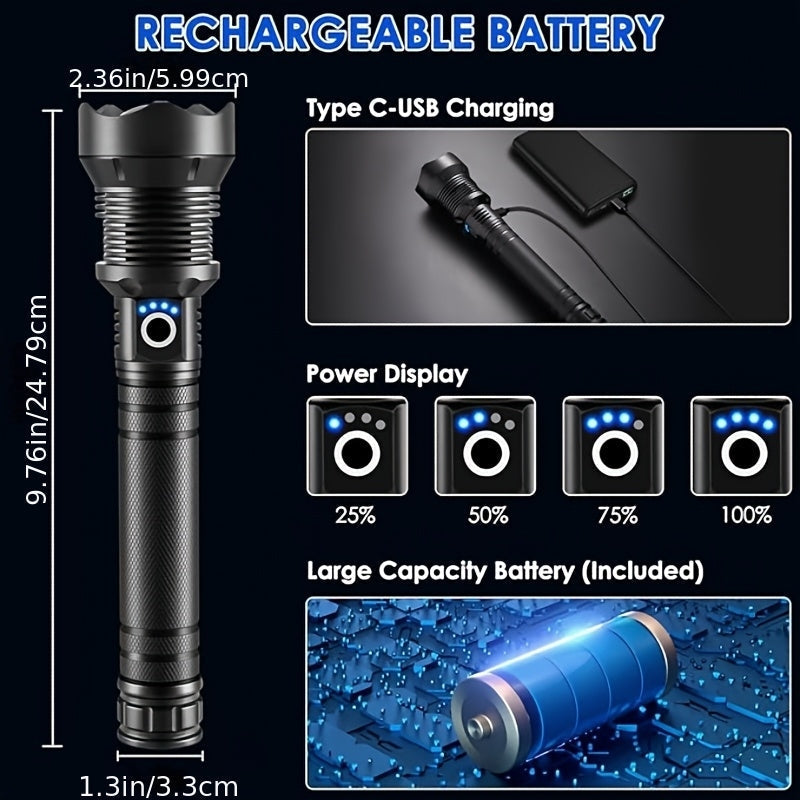 Rechargeable Handheld Flashlight with Adjustable Zoom, USB-C Charging, Power Display and X81-04 Model