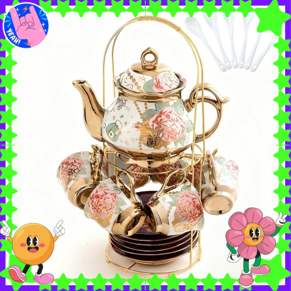 European Floral Ceramic Tea Set 20 Pcs – Italian Style Afternoon Tea Set with Metal Stand – Blooming Pattern Teapot & Cups