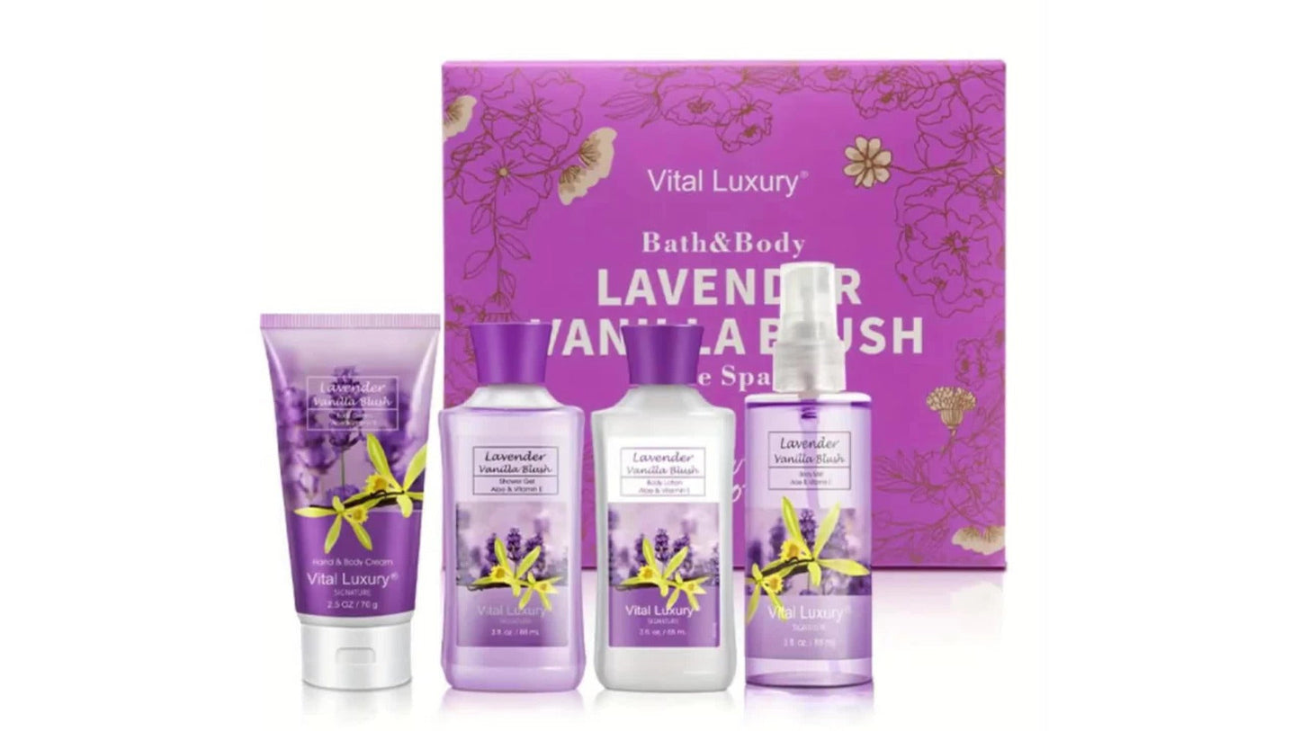 Luxury Bath Gift Set for Women 4pcs Lavender Vanilla Body Care Kit Shower Gel Body Lotion for Entryways, Bedrooms and Living Spaces