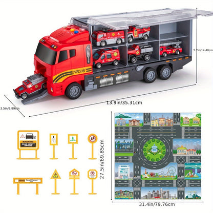 Fire Truck Toy Set for Kids Ages 3-6, Die-Cast Metal Carrier Truck with Play Mat, Emergency Vehicle Collection