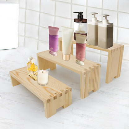 Three-Piece Nesting Tabletop Display Shelf Set in Burning Color or Wood Color Stepped Sizes