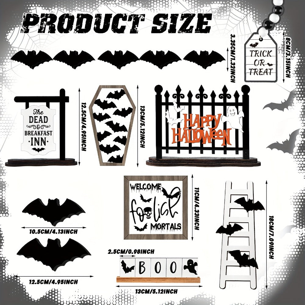Halloween Tiered Tray Decor Set 14pcs – Bat Wooden Signs Farmhouse Black White Rustic Table Decorations for Kitchen Home Party Supplies