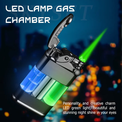 Green Flame Metal Lighter Windproof, Refillable Butane Gas Lighter with Adjustable Flame, Fuel Window & Rocker Arm Ignition