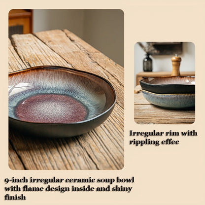 Irregular Deep Dish Ceramic Plate, Artisan Handcrafted Salad Soup Bowl Dish, Unique Edge Design, Tableware for Family Dining