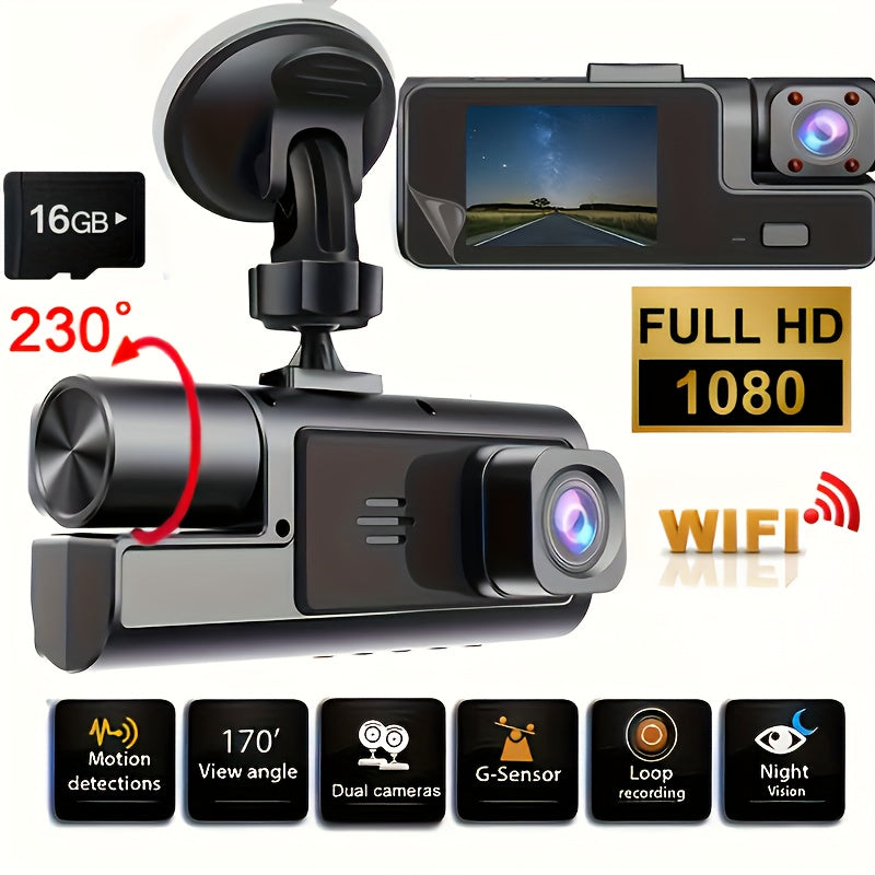1080P-Labeled Dash Camera with Dual- or Triple-Lens Options, WiFi and 16GB, 32GB or No-Card Bundles