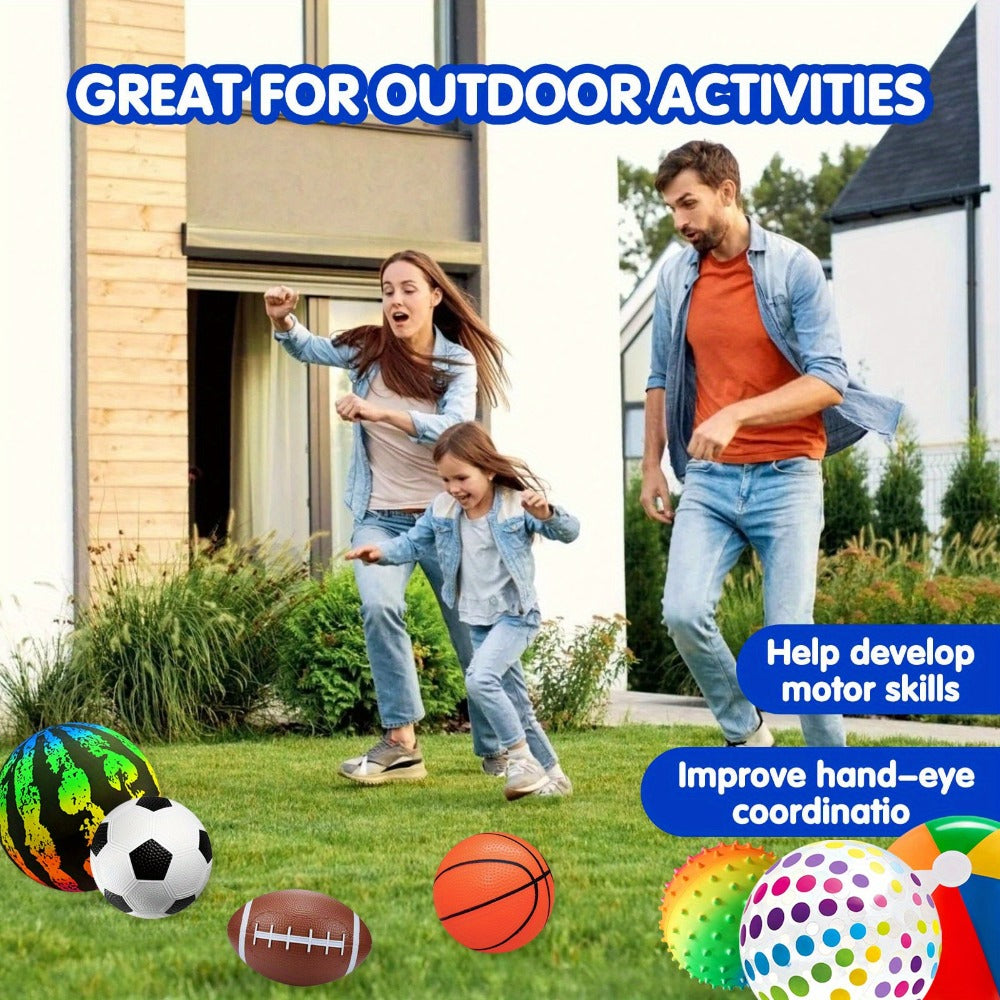 Kids Playground Ball Set 7-Pack with Air Pump, 10.6 Inch Outdoor Ball Plus 6-Inch Basketball Football Rugby