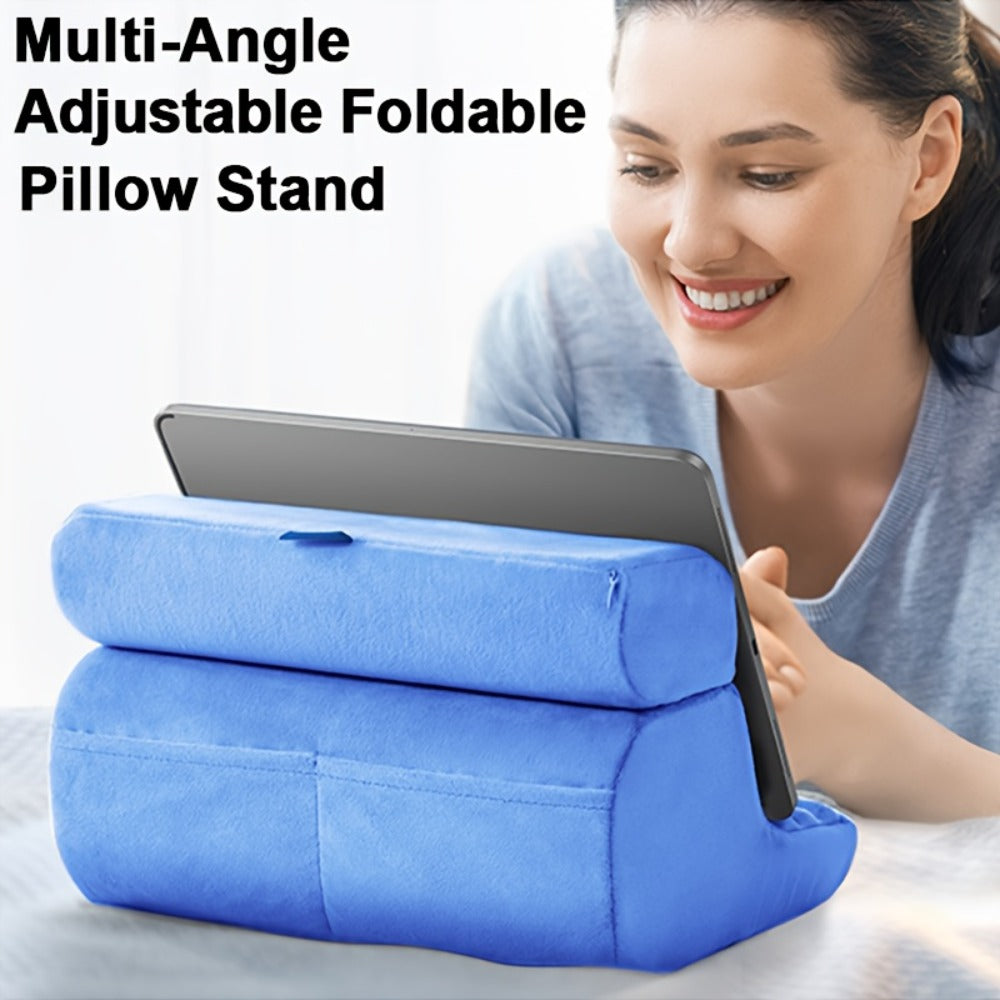 Soft Foldable Tablet Pillow Stand in Black or Blue with Three Viewing Faces, Storage Pockets and 242 × 186 × 290 mm Label