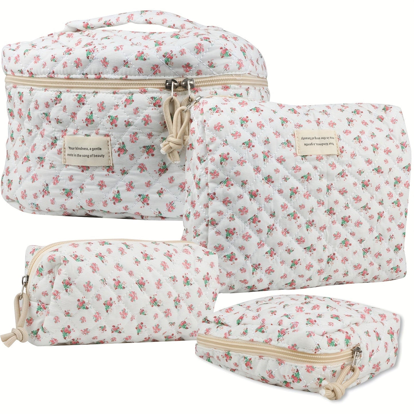 Makeup Bag Four-Piece Quilted Cotton Floral Pouch Set in Five Styles for Travel, Vanity and Everyday Beauty Storage
