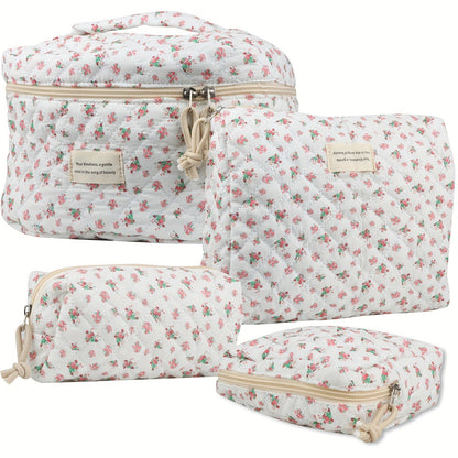 Makeup Bag Four-Piece Quilted Cotton Floral Pouch Set in Five Styles for Travel, Vanity and Everyday Beauty Storage