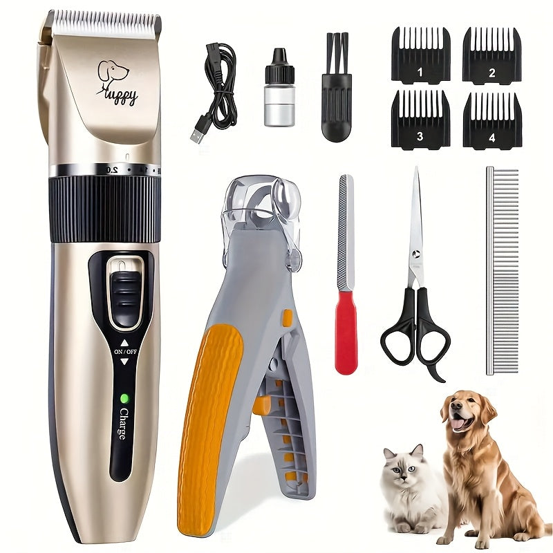 Pet Hair Trimmer Kit 2-in-1 with LED Nail Clipper – 12-in-1 Cordless Quiet Electric Clippers for Dogs & Cats, USB Rechargeable