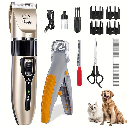 Pet Hair Trimmer Kit 2-in-1 with LED Nail Clipper – 12-in-1 Cordless Quiet Electric Clippers for Dogs & Cats, USB Rechargeable