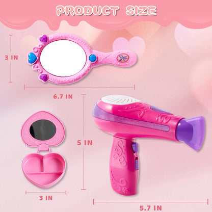 Girls Beauty Salon Toy Set 17 PCS, Pretend Play Hair Stylist Kit with Working Hairdryer Mirror Curling Wands Combs Clips & Jewelry Box