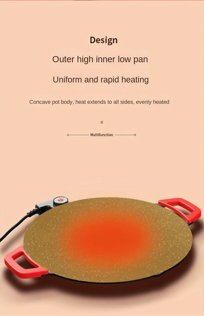 Korean BBQ Grill Pan, Round Non-Stick Multi-Functional Electric Grill Pan with Red Handle & Adjustable Settings
