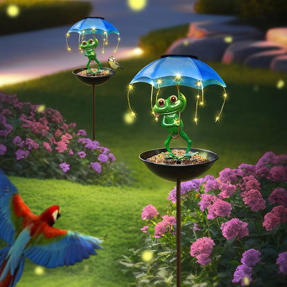 Solar Garden Decor Frog with Umbrella LED Light, Iron Frog Outdoor Statue with Solar Powered LED