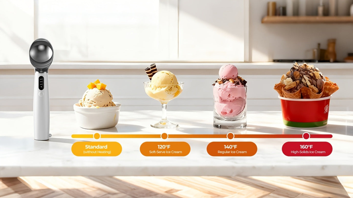 Electric Heated Ice Cream Scoop USB-C Rechargeable with 3 Temperature Settings 120°F 140°F 160°F IPX7 Handle Gift for Ice Cream Lovers