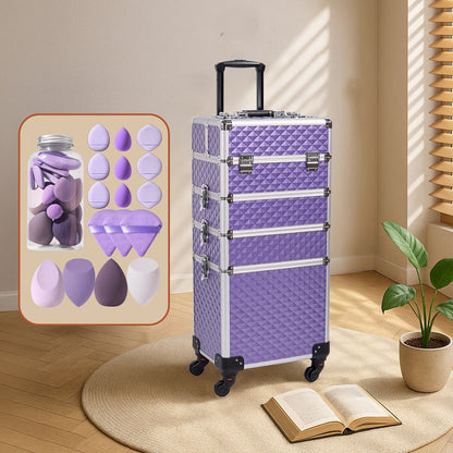 Rolling Makeup Train Case 4-in-1 Large Portable Cosmetic Trolley with 360 Degree Swivel Wheels Beauty Sponge Included Professional Salon