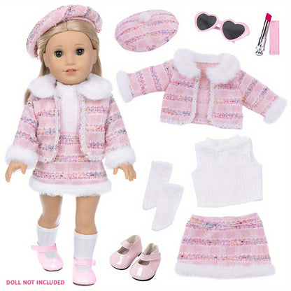 18 Inch Doll Knitted Clothes Outfit Set with Hat Jacket Skirt Shoes Socks Sunglasses Lipstick