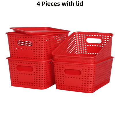 Shelf Storage Organizer Bins with Lids 4 or 8 Pack, Stackable 10 x 7 x 4 Inch Boxes in Four Colors