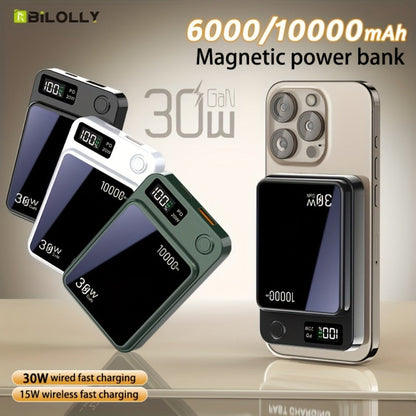 Power Bank Magnetic 6000-15000mAh with 30W Wired, 15W Wireless, Dual USB-C and Display in Four Colors