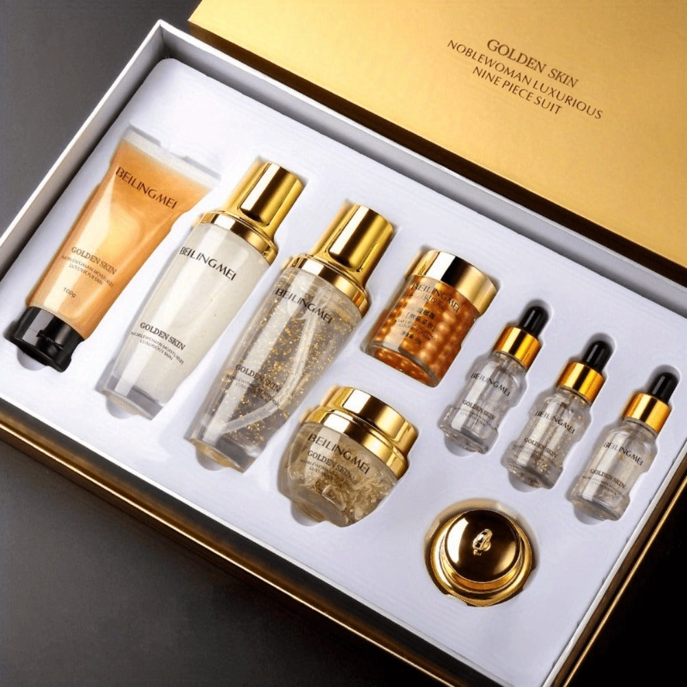 Skincare Set with BEILINGMEI Label, 9 Golden-Skin Collagen Hyaluronic Acid and Niacinamide Items