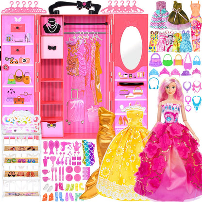 Doll Closet Playset 105 Piece Rose Wardrobe for 11.5 Inch Dolls, Wedding Gowns Fishtail Dress Swimsuit Shoes Handbags Crowns & Necklaces